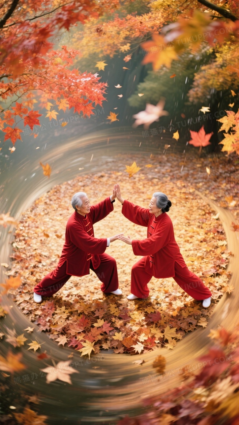秋日枫林双人太极图绛红练功服的老年夫妻在金红枫叶雨中做揽雀尾