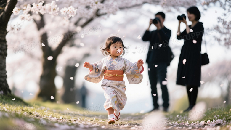樱花树下混血女童试探性迈步