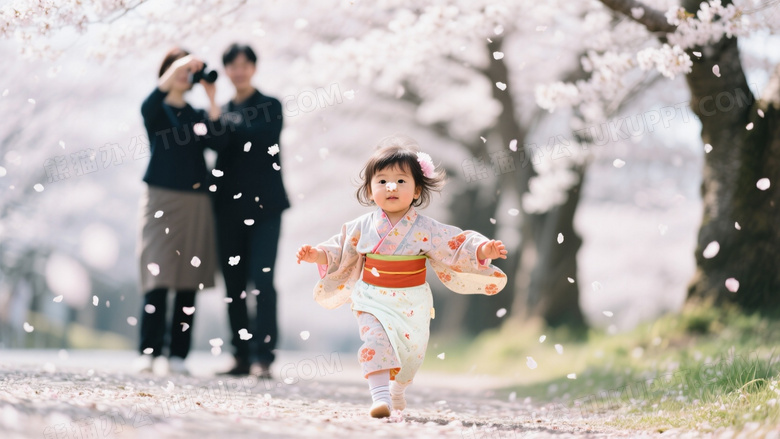 樱花树下混血女童试探性迈步