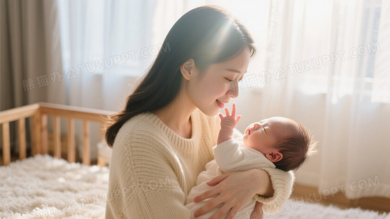 逆光柔焦母婴特写年轻母亲身着米色针织衫怀抱新生儿
