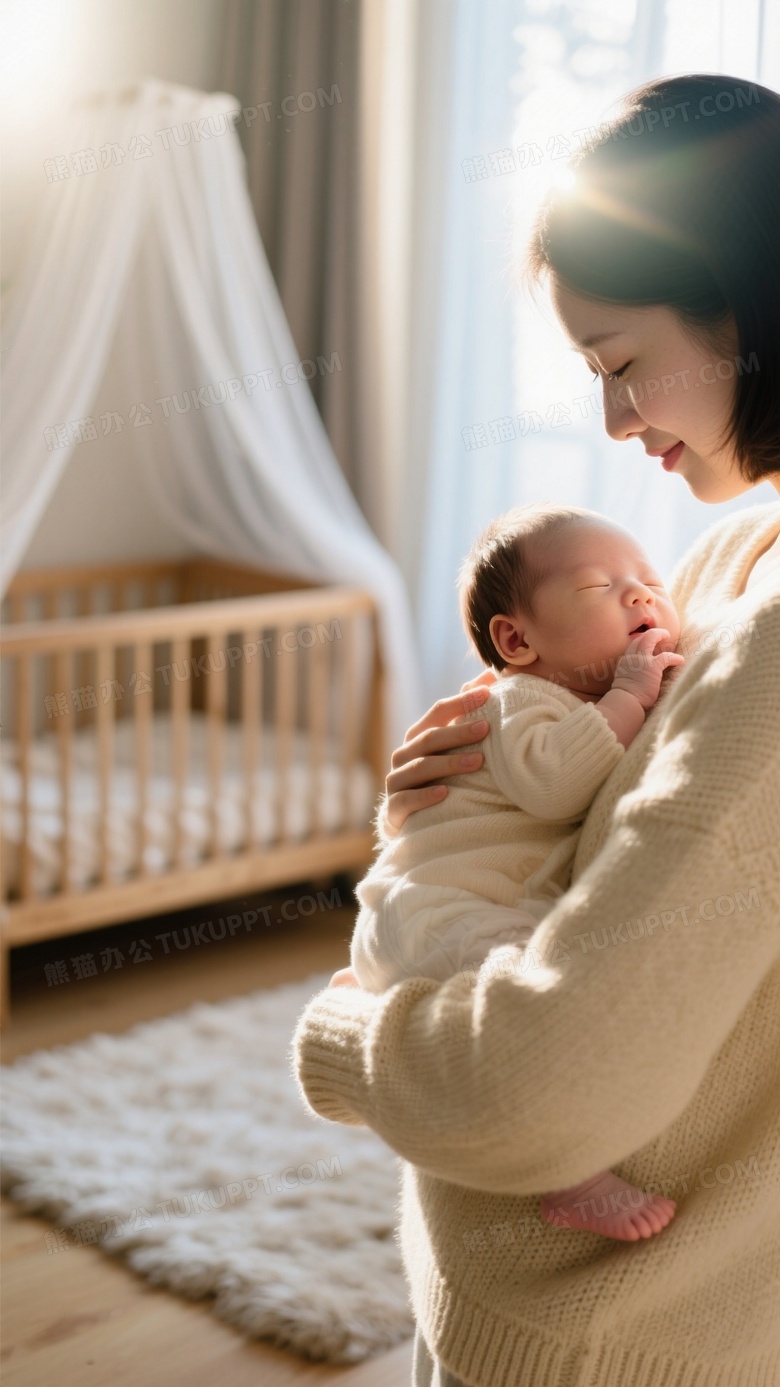 逆光柔焦母婴特写年轻母亲身着米色针织衫怀抱新生儿