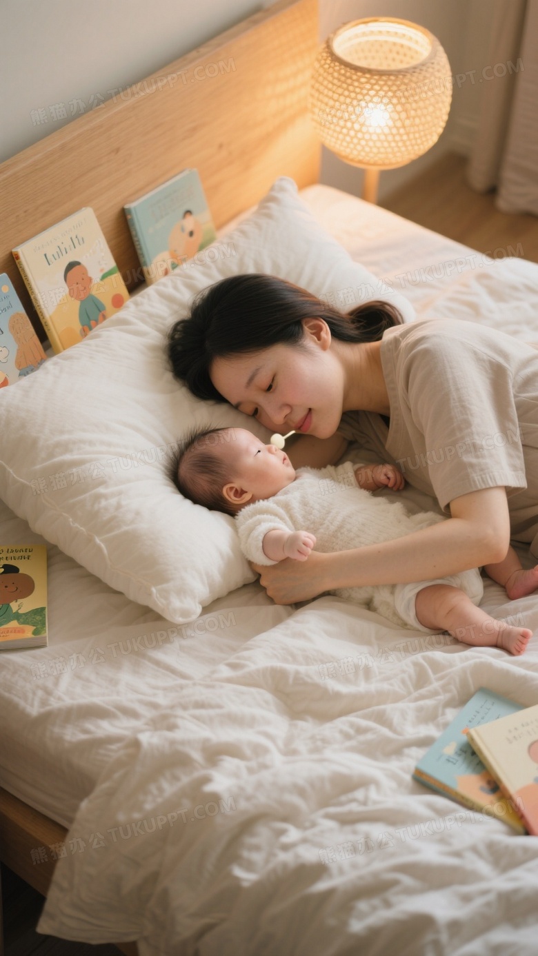 俯拍视角温馨床照母亲素颜枕在鹅绒枕上与婴儿鼻尖相触