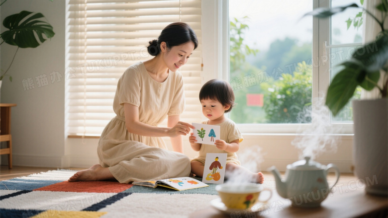 午后窗边亲子时光母亲穿杏色连衣裙教幼儿识图卡
