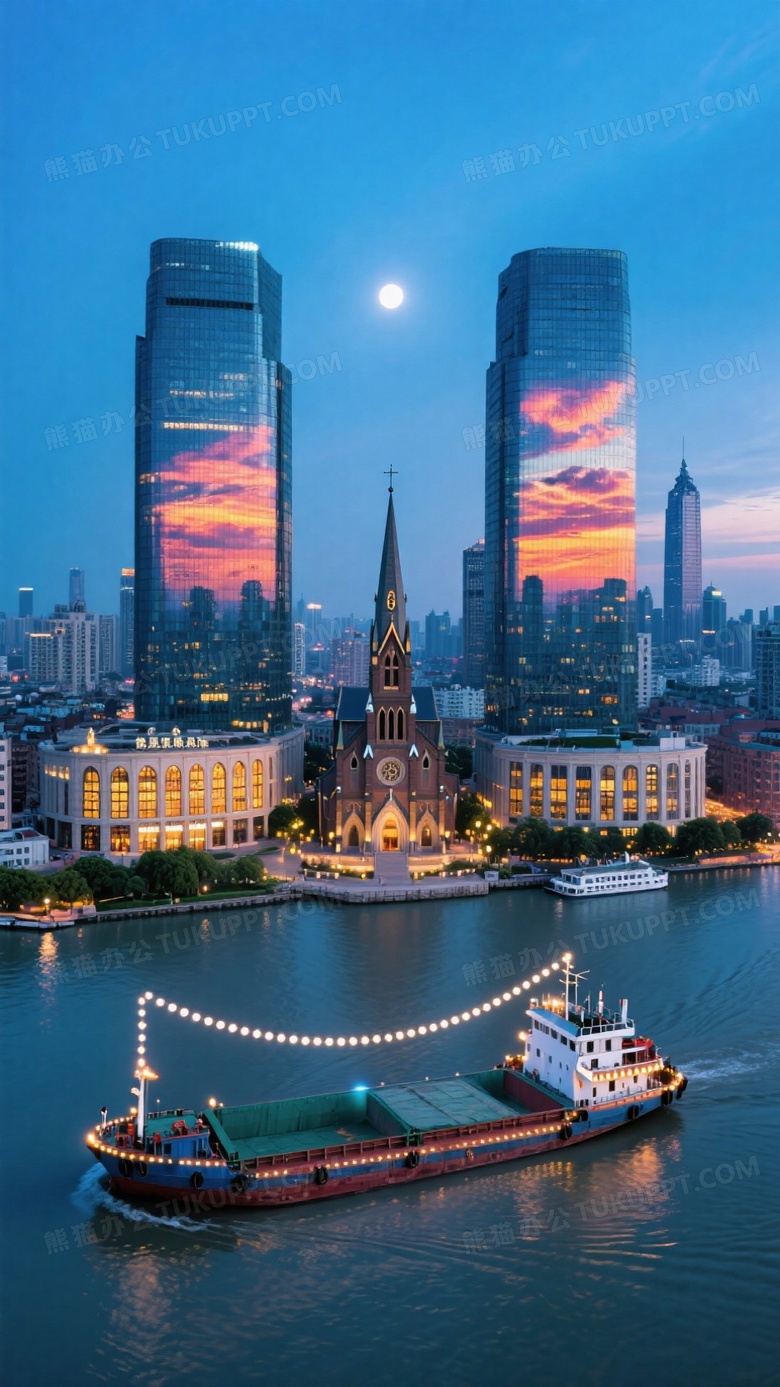 黄昏蓝调时刻航拍图环球港双子塔玻璃映出火烧云渐变