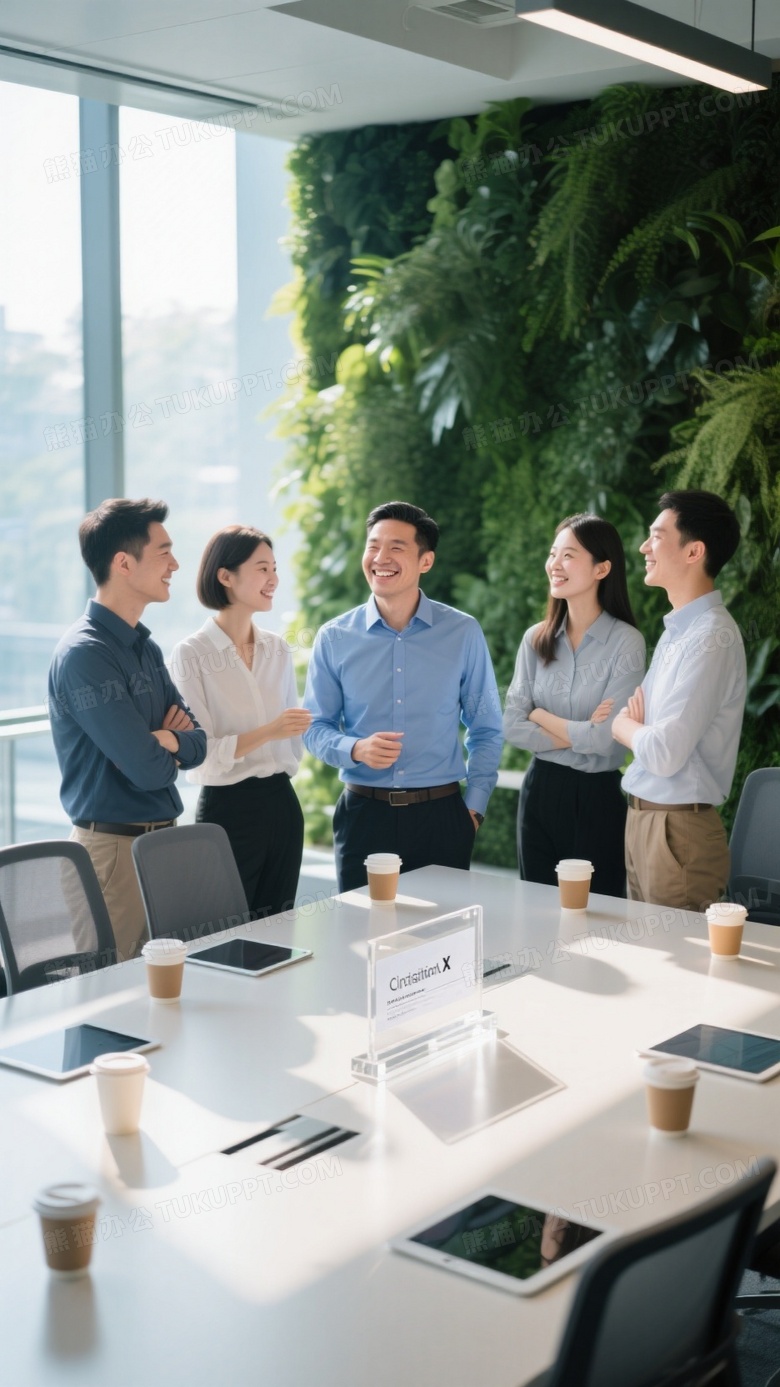 现代办公区五人团队站立头脑风暴