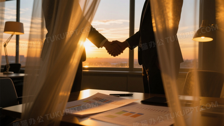 夕阳时分办公室窗边工作交流