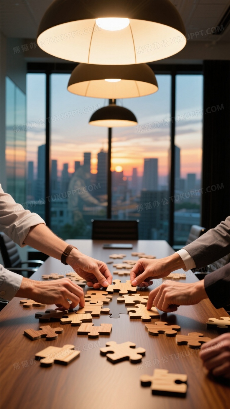 俯视构图拍摄会议室桌上团队协作拼图游戏