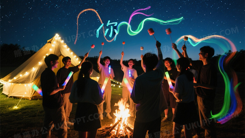 夜间篝火晚会全景摄影