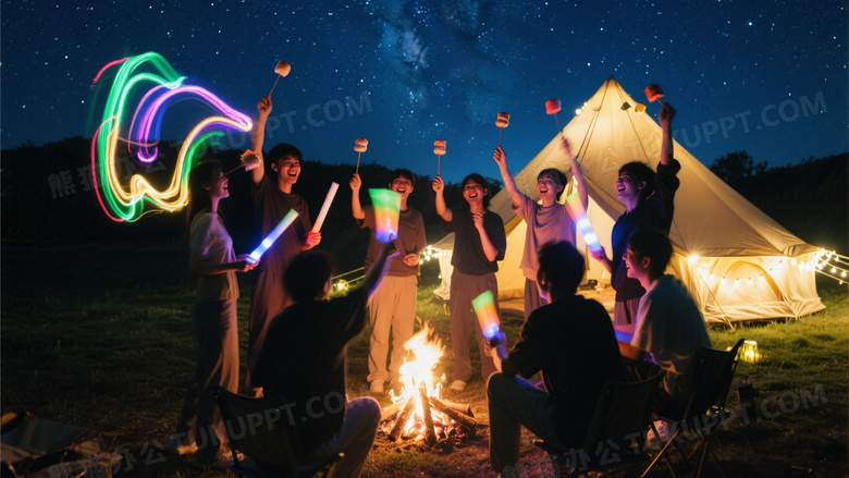 夜间篝火晚会全景摄影