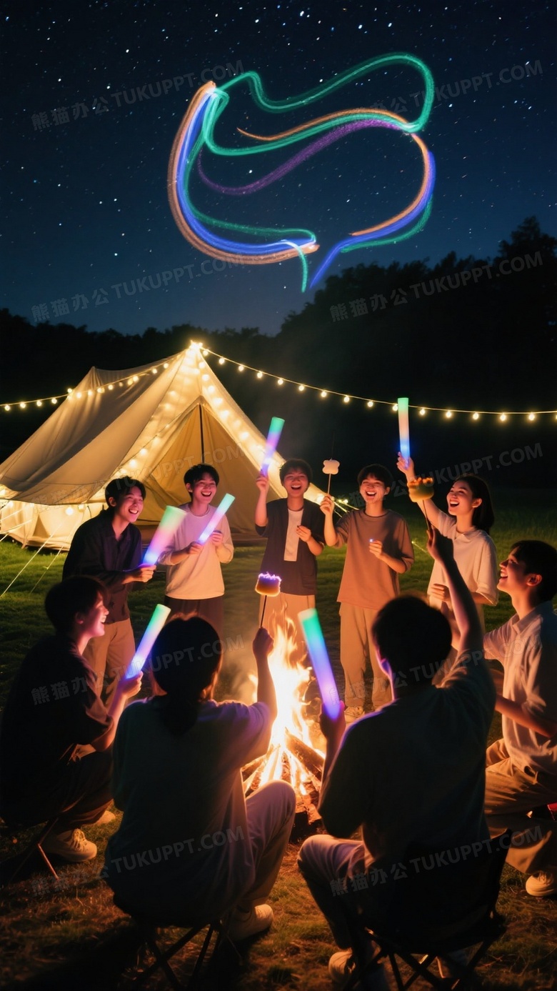 夜间篝火晚会全景摄影