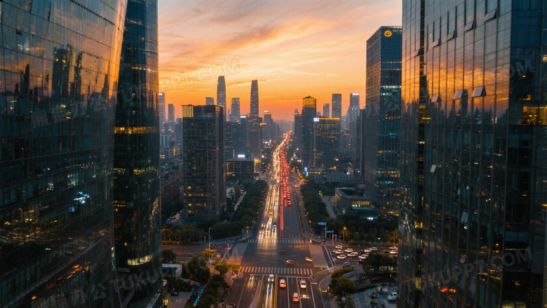 高空航拍现代都市黄昏全景