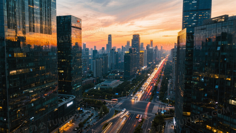 高空航拍现代都市黄昏全景