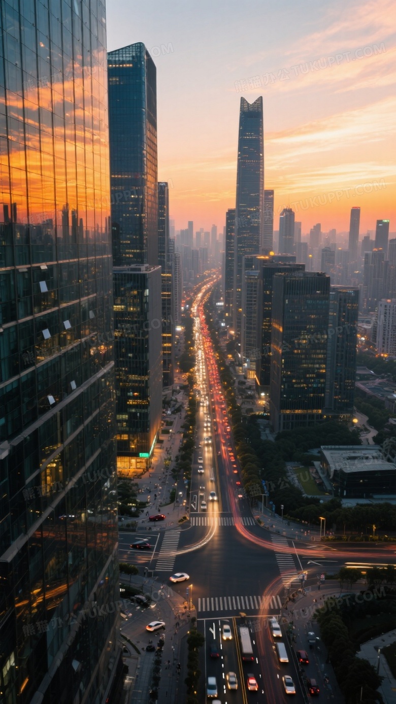 高空航拍现代都市黄昏全景