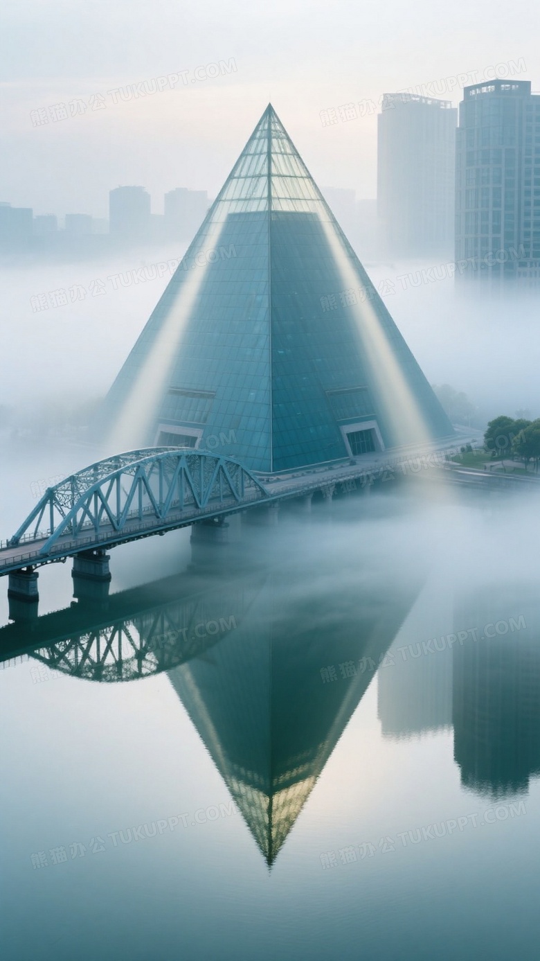 晨雾中的对称建筑航拍图