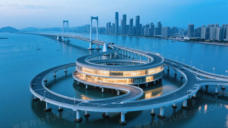 蓝调时刻跨海大桥航拍画面