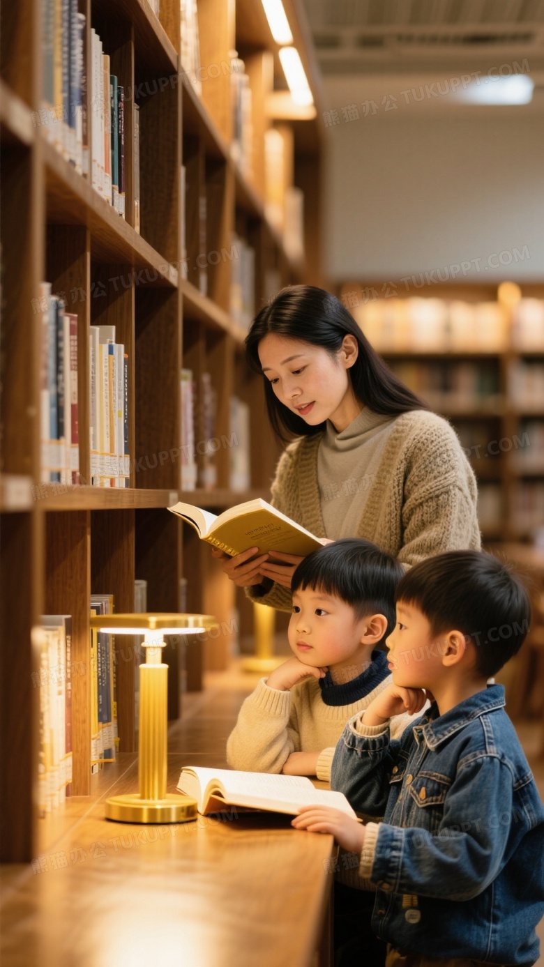 图书馆暖调环境摄影教师轻声朗读时孩子们托腮倾听