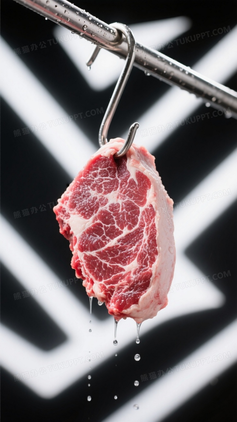 极简主义肉品摄影精修猪梅花肉悬挂于抛光金属钩