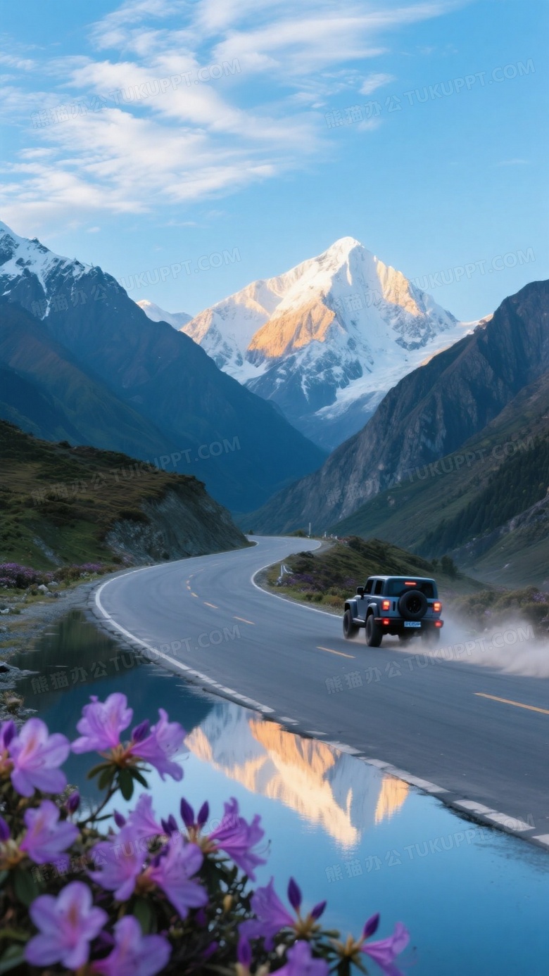 蜿蜒的柏油公路穿越雪峰峡谷