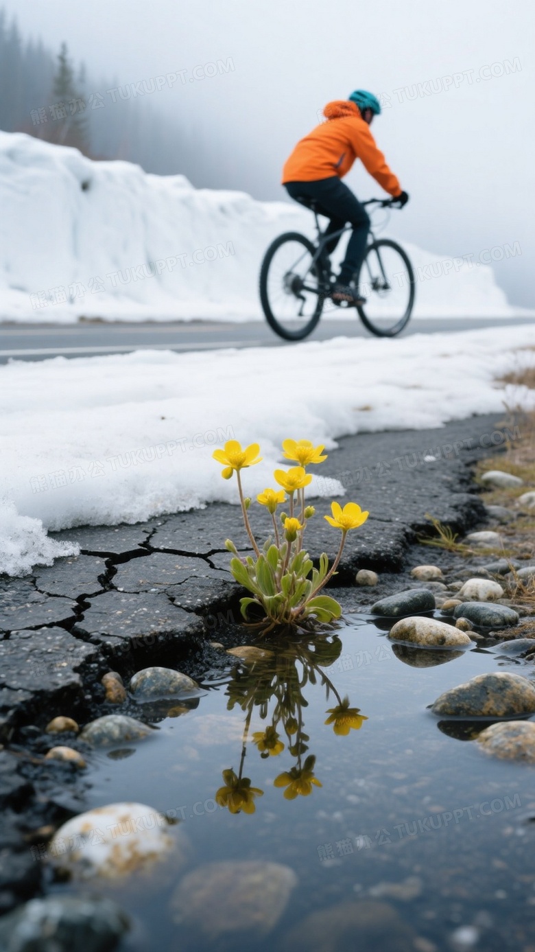 春季融雪期公路特写沥青路面裂纹萌发鹅黄色野花