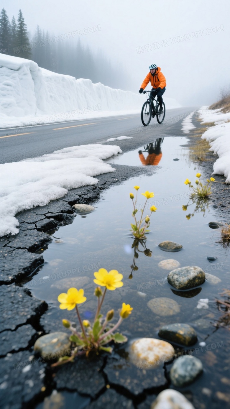 春季融雪期公路特写沥青路面裂纹萌发鹅黄色野花