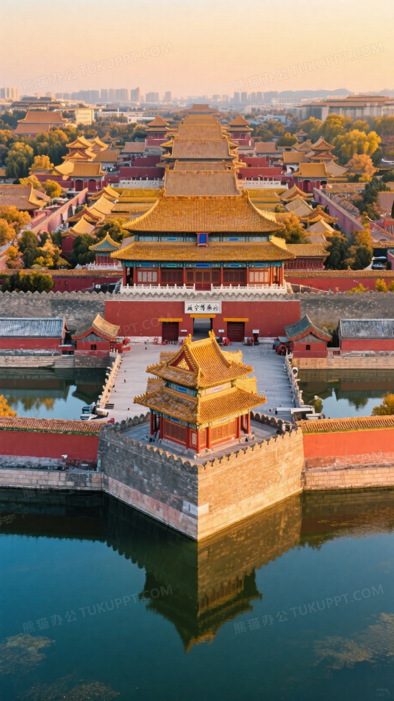 故宫航拍全景俯瞰图金色琉璃瓦在秋日黄昏下泛暖光