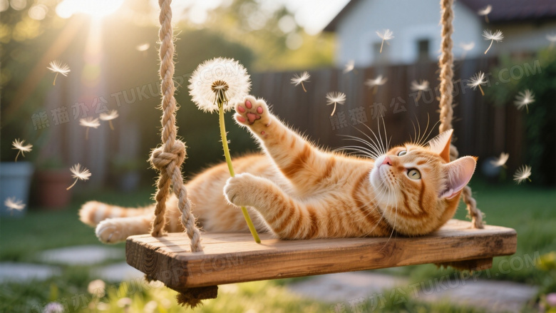 橘猫仰卧秋千架伸爪触碰蒲公英
