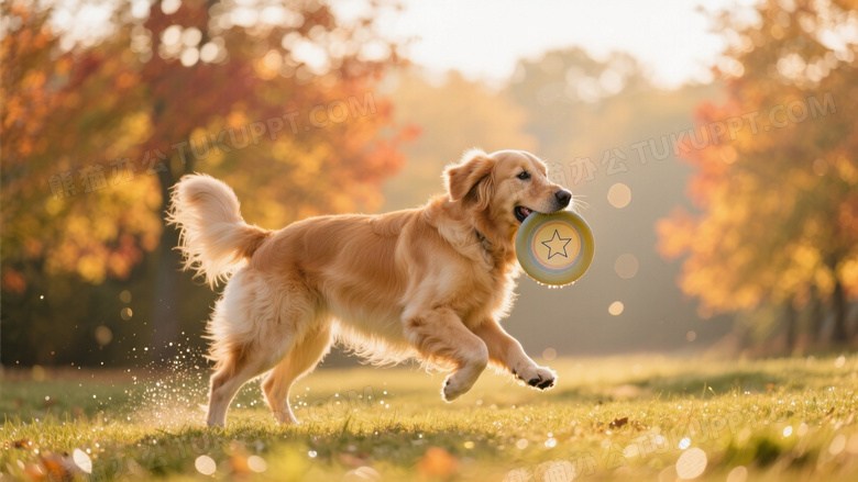 金毛巡回犬在金色晨光中叼着飞盘奔跑