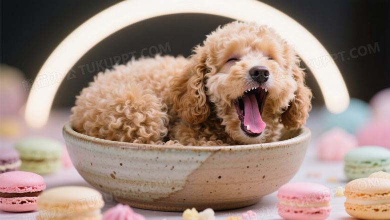 泰迪犬蜷缩在粗陶碗里打哈欠微距摄影
