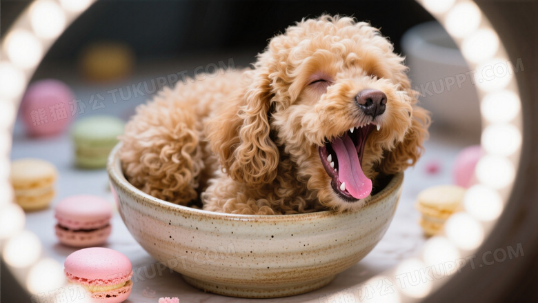 泰迪犬蜷缩在粗陶碗里打哈欠微距摄影