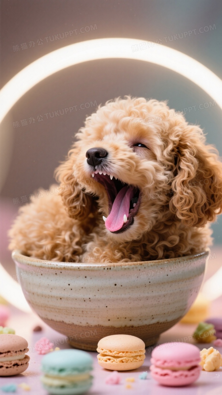 泰迪犬蜷缩在粗陶碗里打哈欠微距摄影