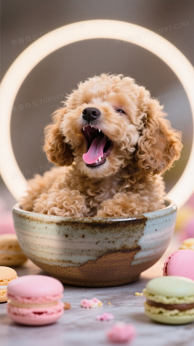 泰迪犬蜷缩在粗陶碗里打哈欠微距摄影