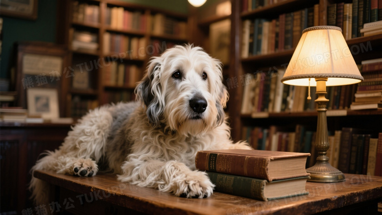 古代牧羊犬趴伏在古董书店橡木桌