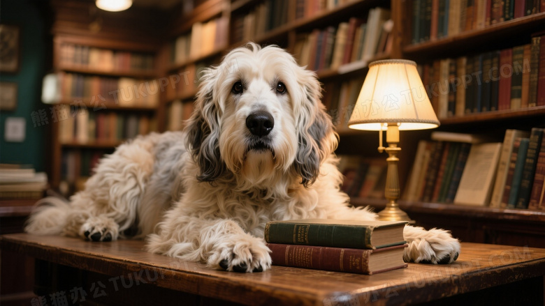 古代牧羊犬趴伏在古董书店橡木桌
