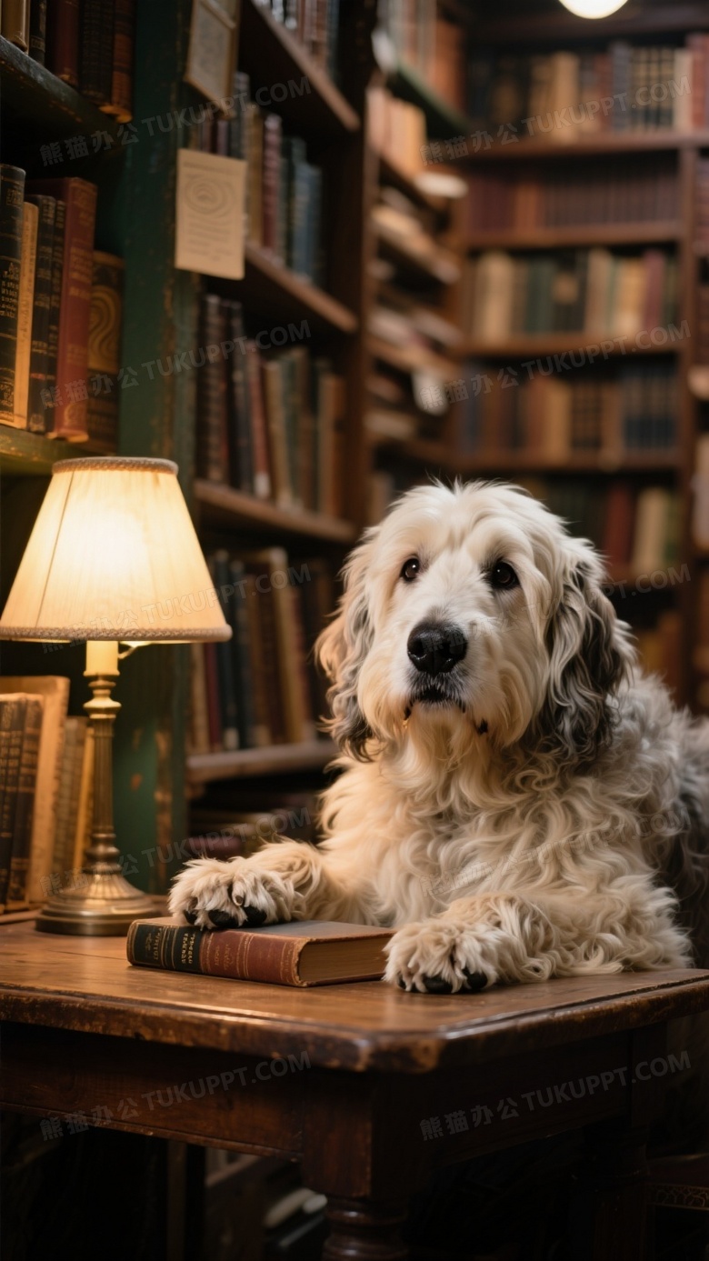 古代牧羊犬趴伏在古董书店橡木桌