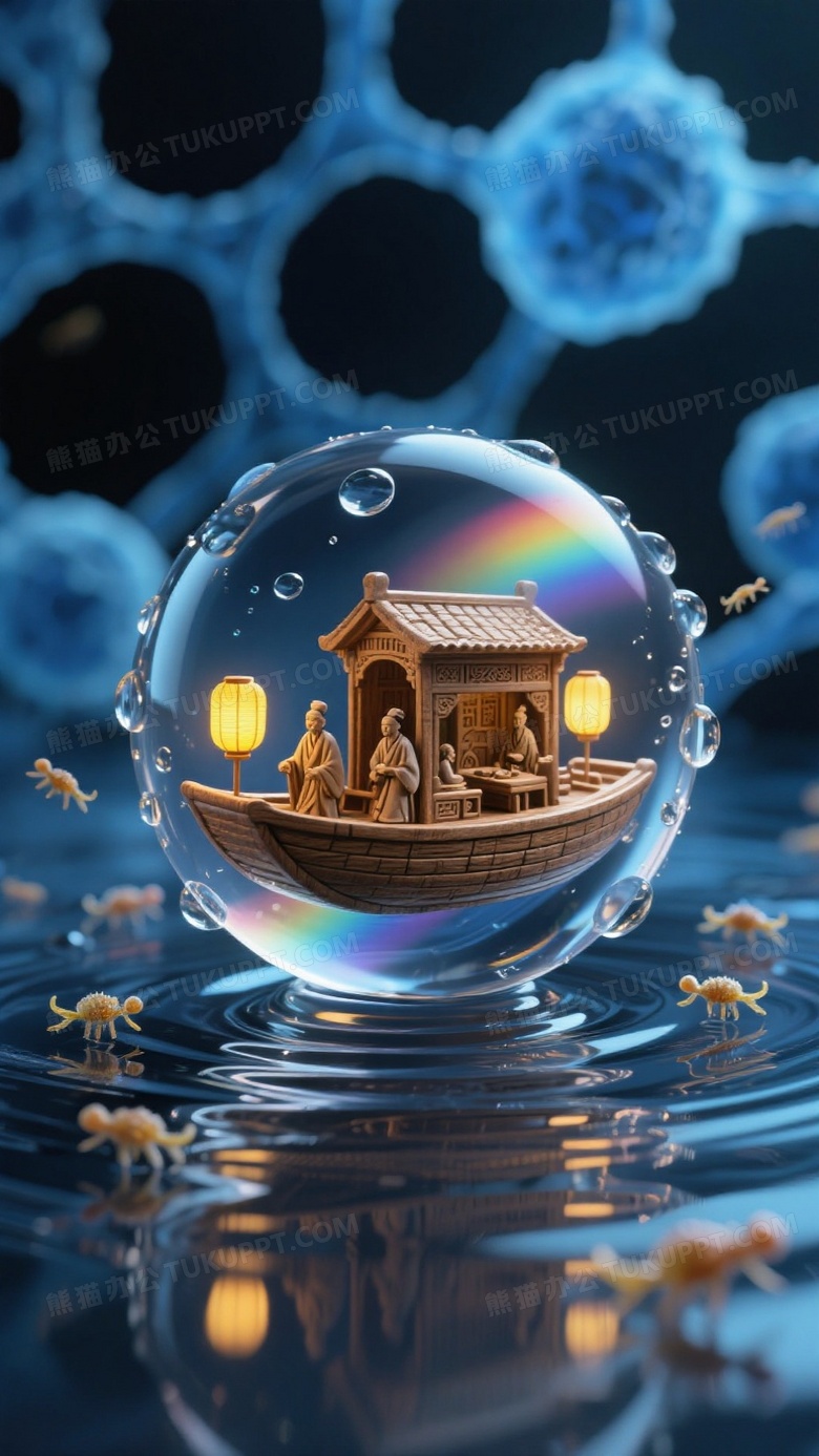 微观世界视角下的透明水滴内部悬浮着核舟