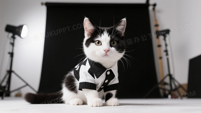 黑白花色小猫可爱的在一个室内摄影棚的场景