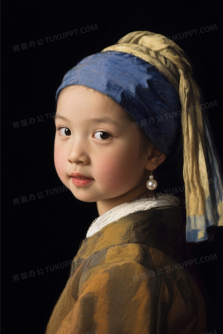 儿童摄影正面模仿世界名画戴珍珠耳环的少女服装动作