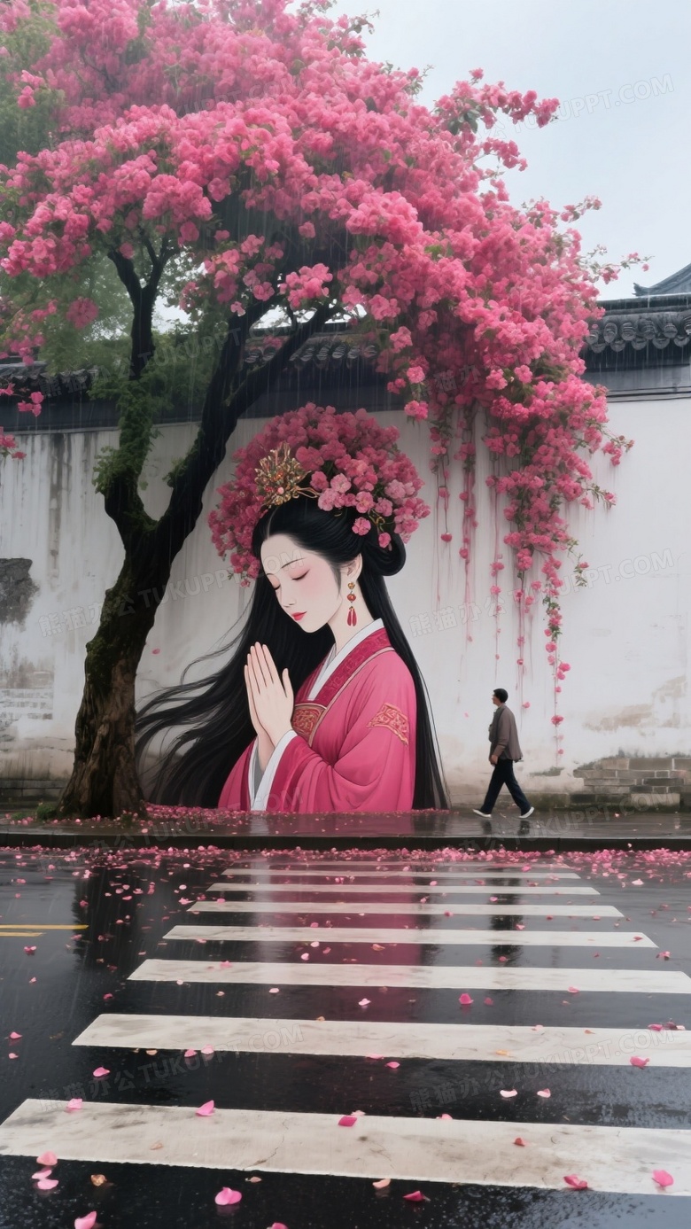 前景是宽敞的斑马线雨后清晰
