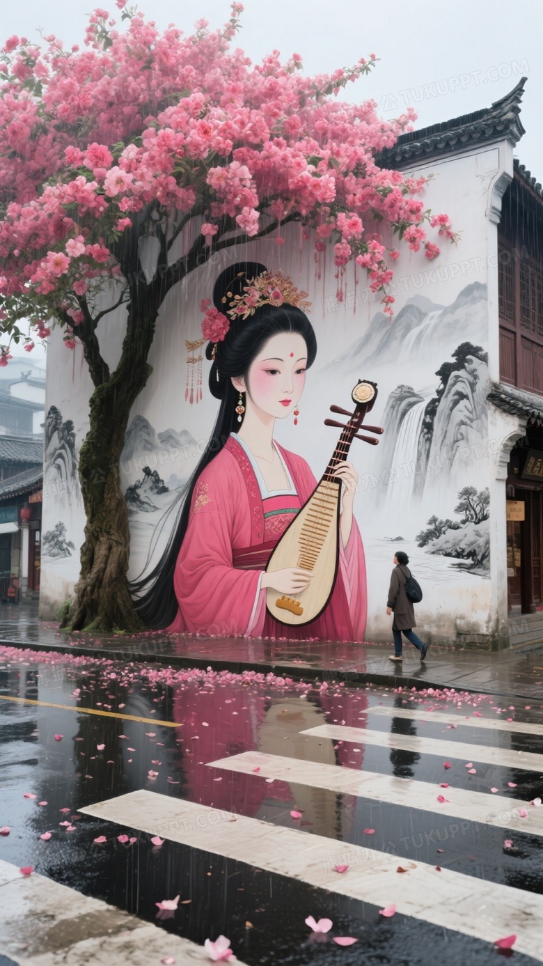 前景是宽敞的斑马线雨后清晰