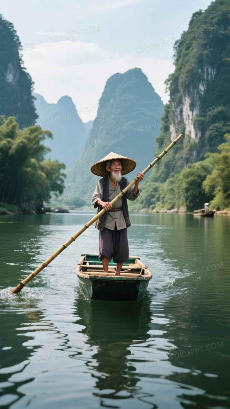桂林山水间一穿簑笠的老翁站在小船上撑着长长的竹竿逆流而上