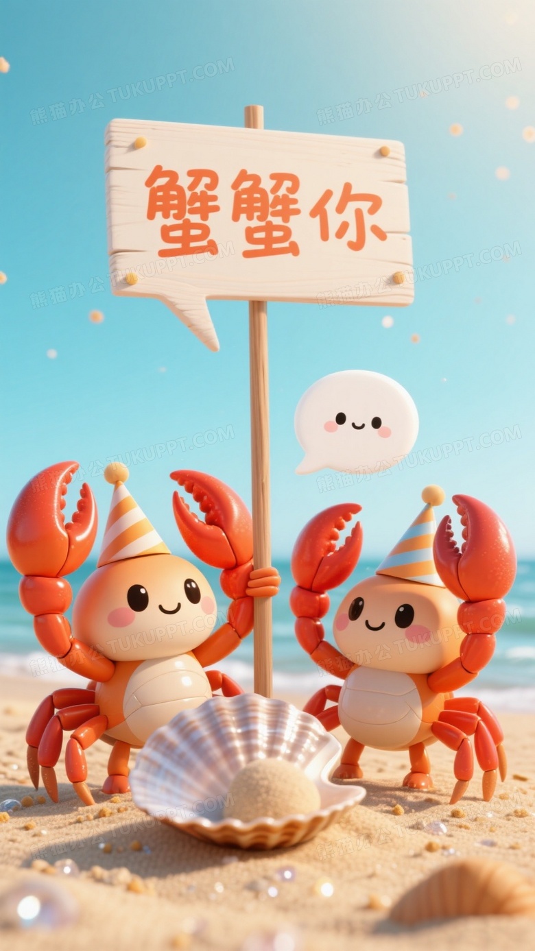 主题卡通螃蟹宝宝们举起橙红大钳子鞠躬