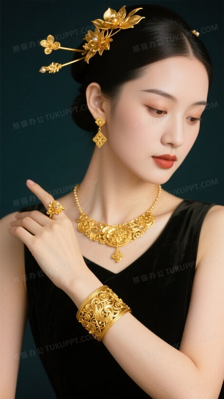 头戴金簪脖戴古法金项链