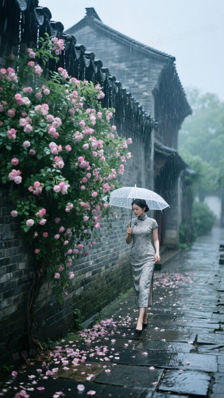 青砖古建筑雨景蔷薇花密密麻麻象瀑布一样盖在青砖墙上垂落下来