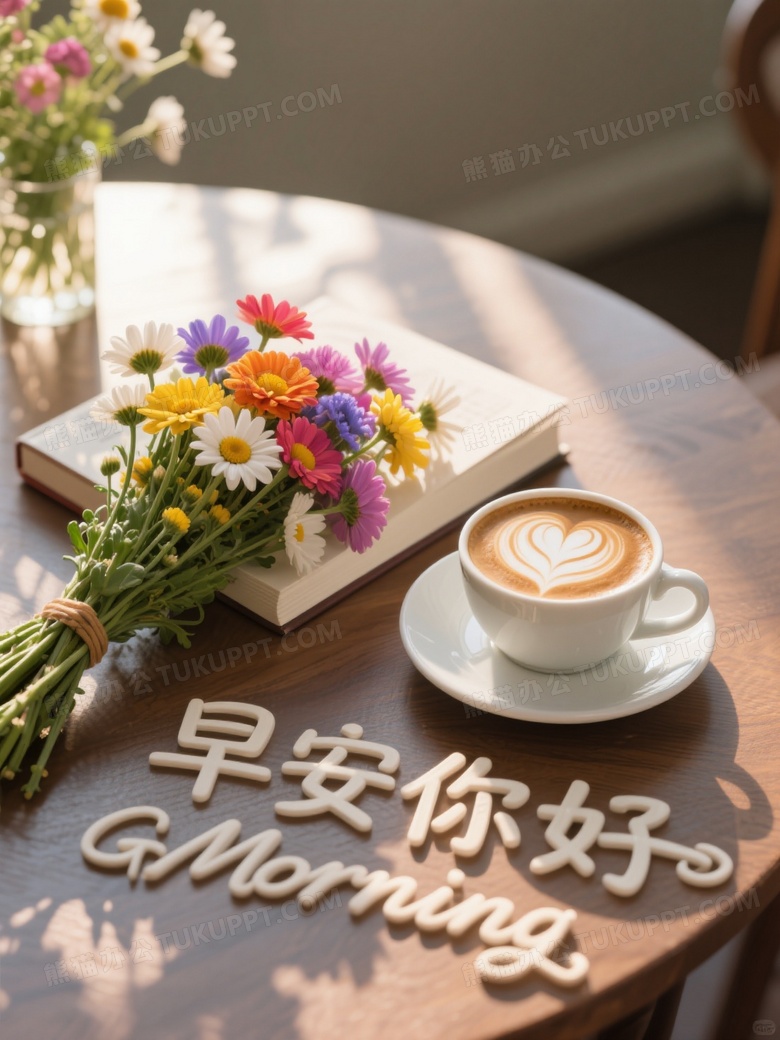桌上斜放一束五颜六色的雏菊