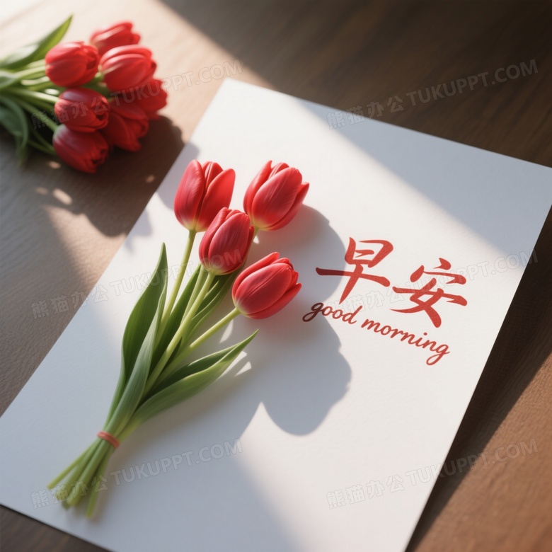 白色卡纸上斜放一束红色郁金香