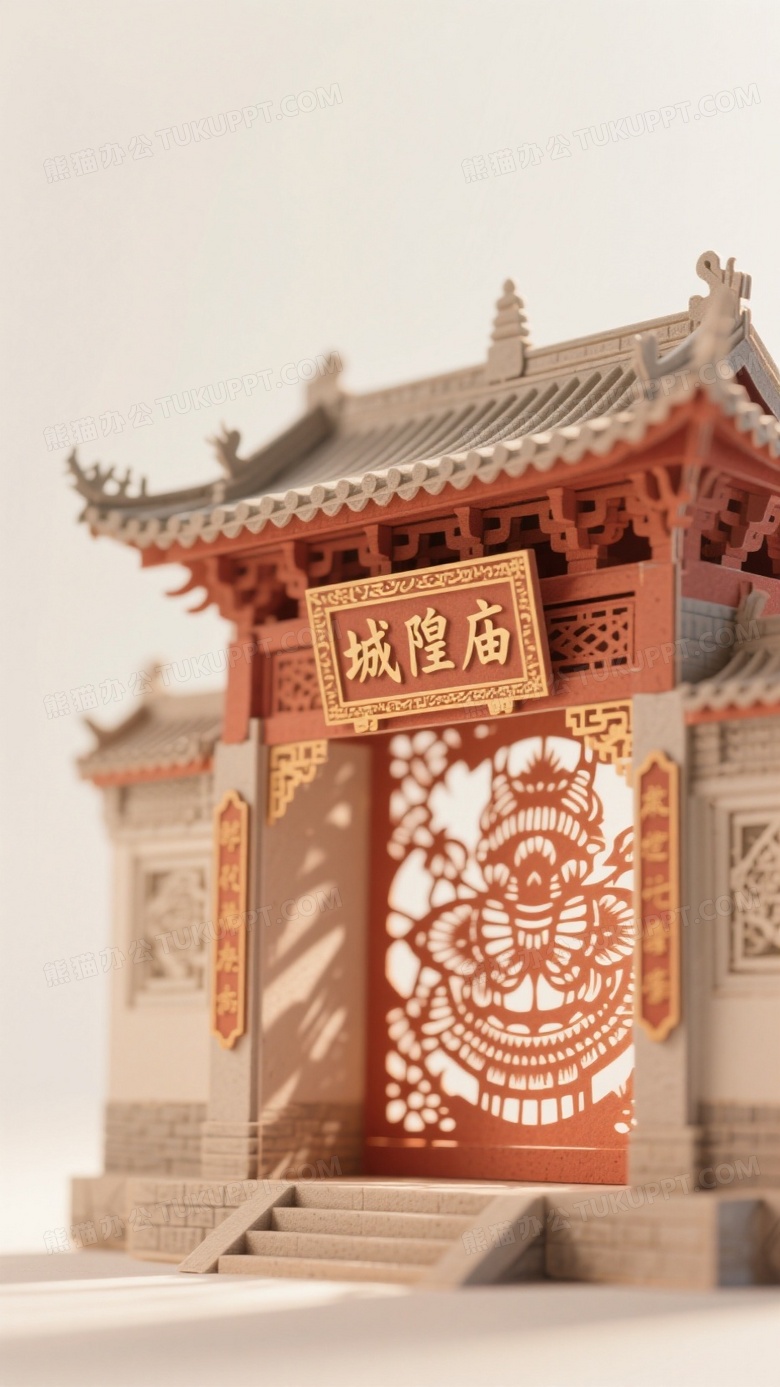 以微缩摄影手法呈现具有中国剪纸艺术风格的立体的传统城隍庙