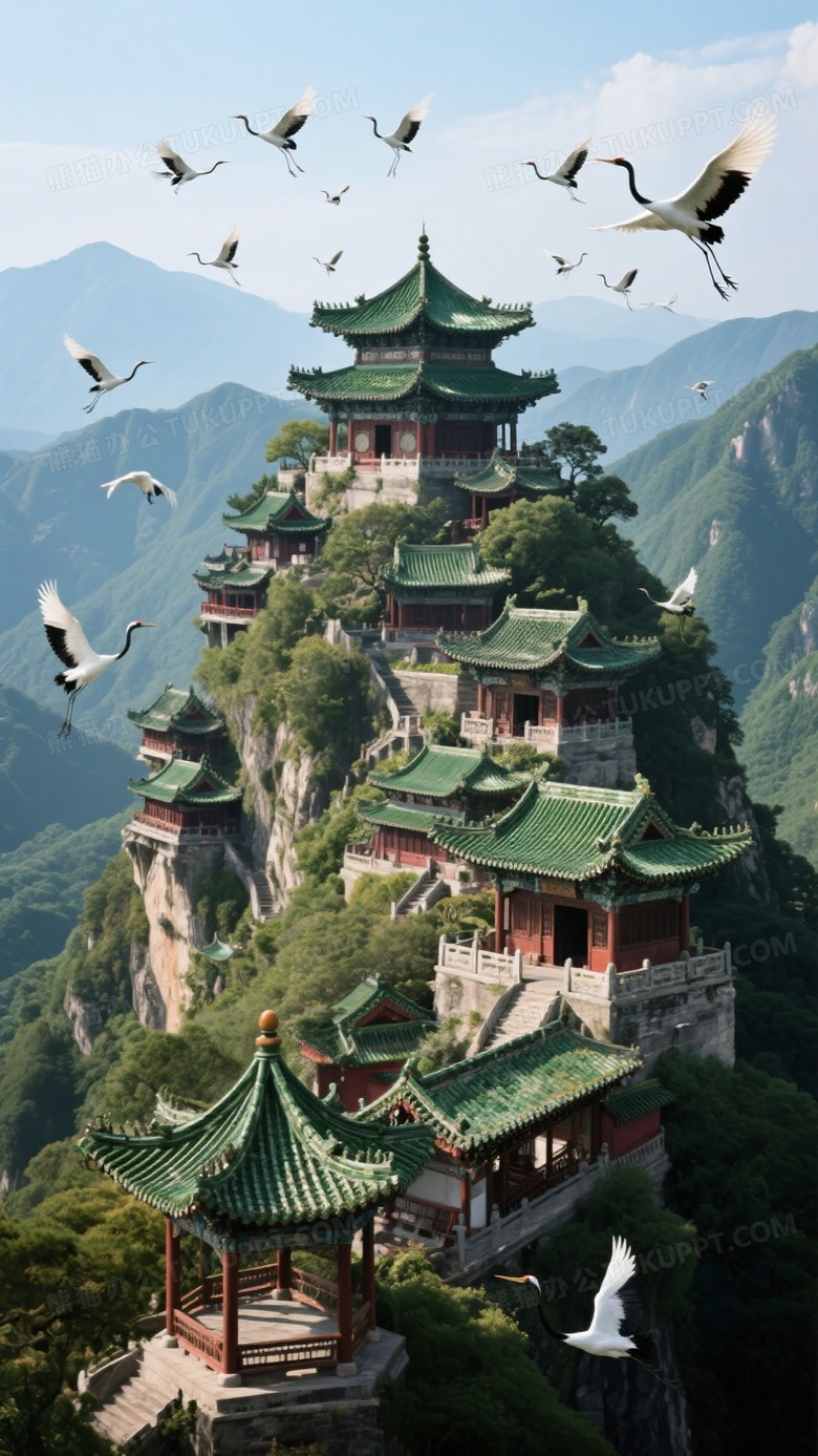 美景高山之上亭台楼阁