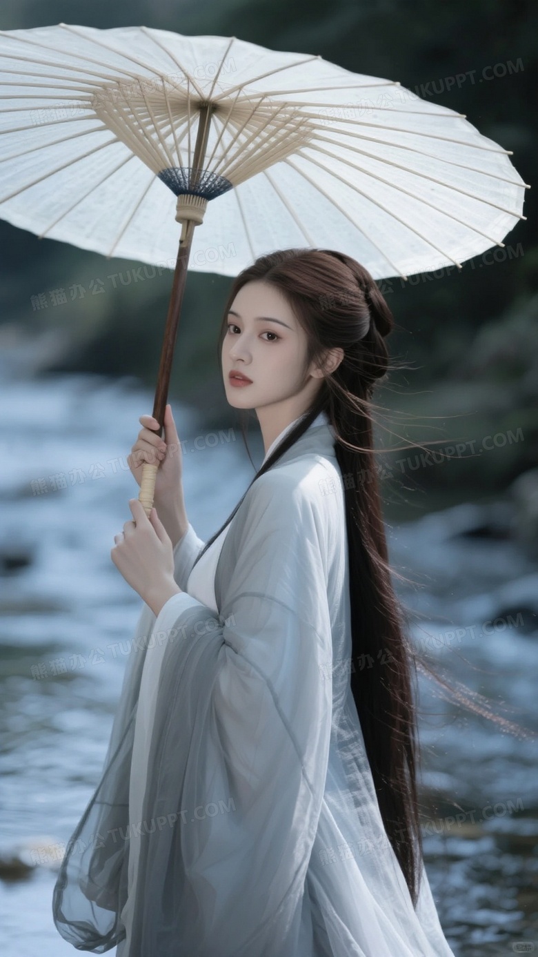 古风摄影流淌的溪流灰白色纱汉服传