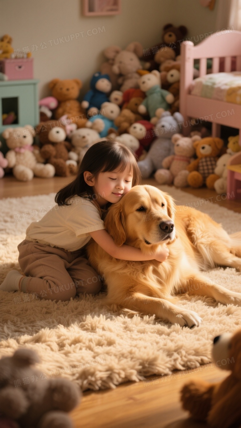 金毛犬趴在毛绒地毯上
