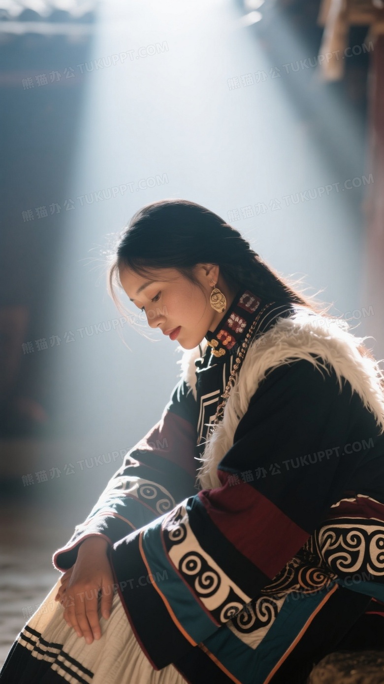 低头沉思的女性身穿少数名族服饰